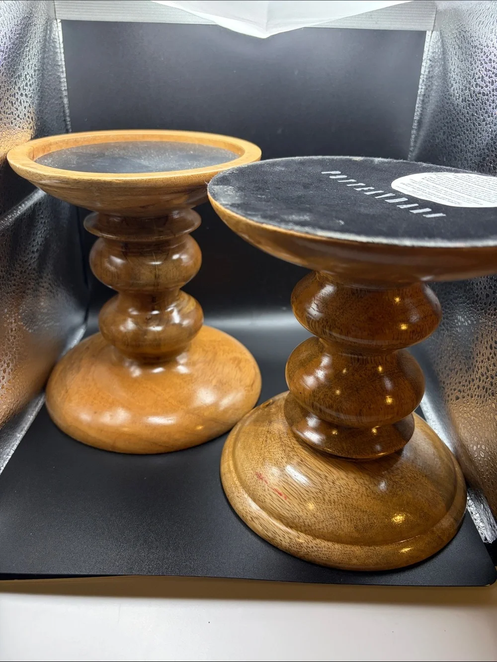 Pottery Barn Wood Turned Pillar Candle Holders in Fruit Wood
